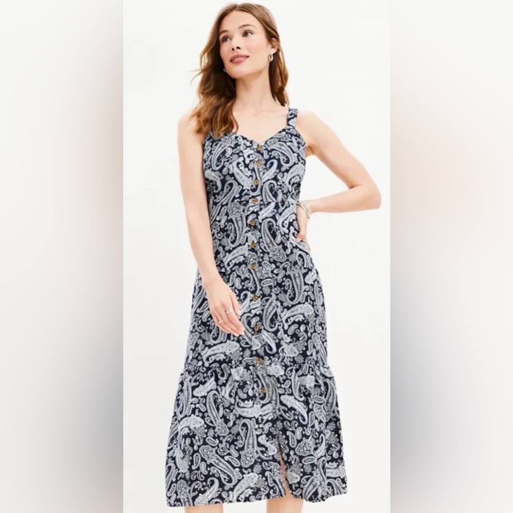 LOFT Paisley Linen Blend Navy White Strappy Button Tiered Midi Dress 0